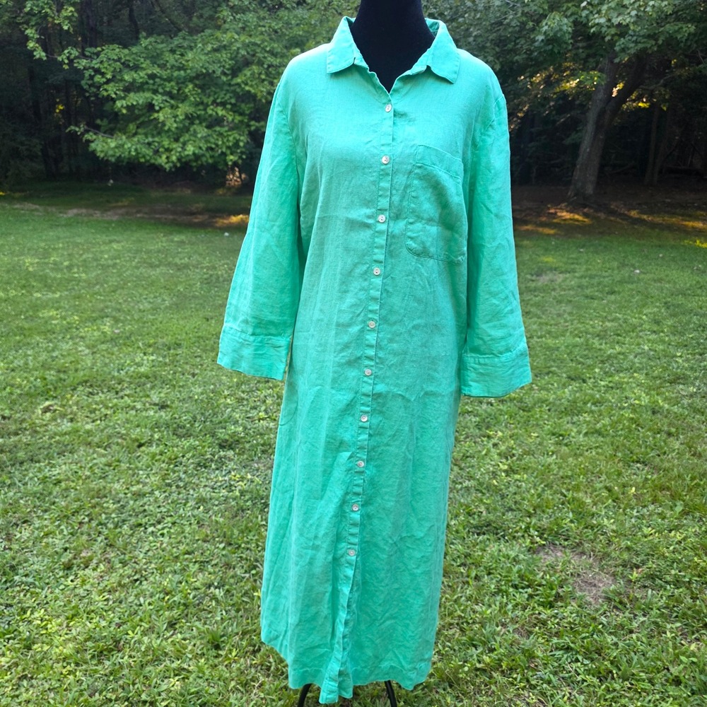 J. Jill Kelly Green Large Tall Linen Maxi Shirt Dress Pockets Lagenlook Coastal
